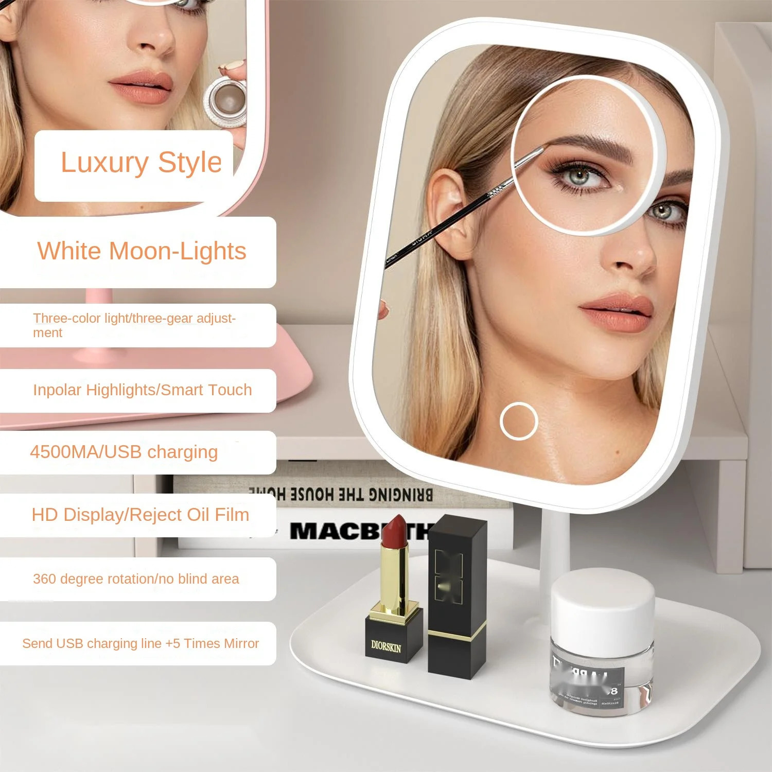 Rechargeable Lighting Makeup Mirror Portable LED Makeup Mirror Dimmable Magnifier Touch Control Storage Makeup Mirror 250530