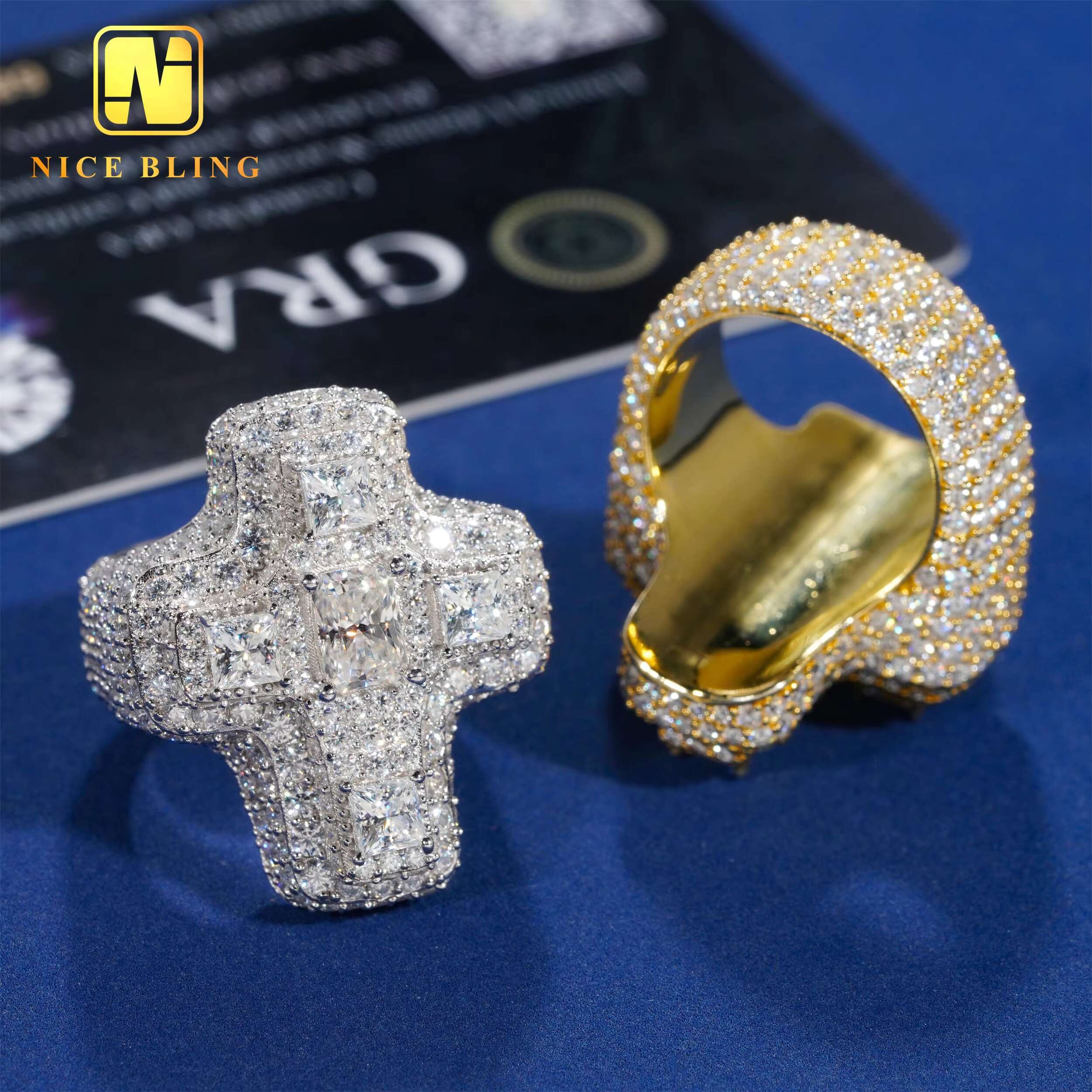 Iced Out Hip Hop Jewelry Fancy Shape Moissanite Cross Rings Men Fashion 925 Silver Moissanite Diamond Cross Rings