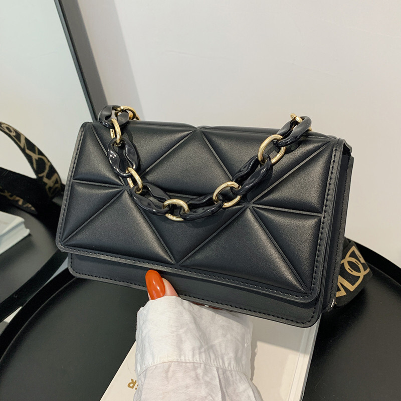 Trendy Textured Women's Bag New Free shipping Fashion Chain Shoulder Crossbody Bag Wide Strap designer Embossed Plaid handbag shopping bag Small 