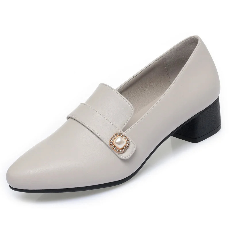 Comfort Women Pumps Point Toe Block Heels Concise Pearl Slip-On Mules Summer Soft Leather Soft Sole Casual Shoes 250528