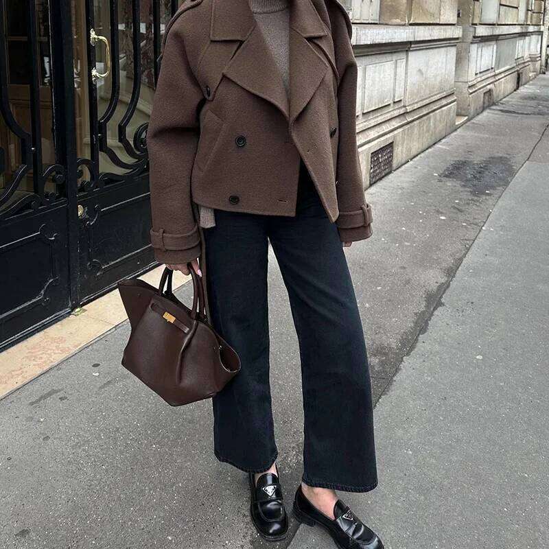 Autumn Brown Retro Turn-down Collar Casual Jacket New Fashion Slim Fit Woolen Coat High Street Lady Outerwear