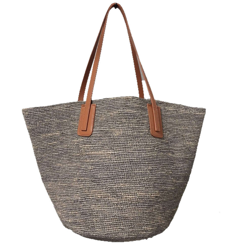 Straw Beach Tote French Style Simple Genuine Leather Shoulder Strap Raffia Woven For Women Beach Vacation Large Capacity Tote Bag Crossbody Bag