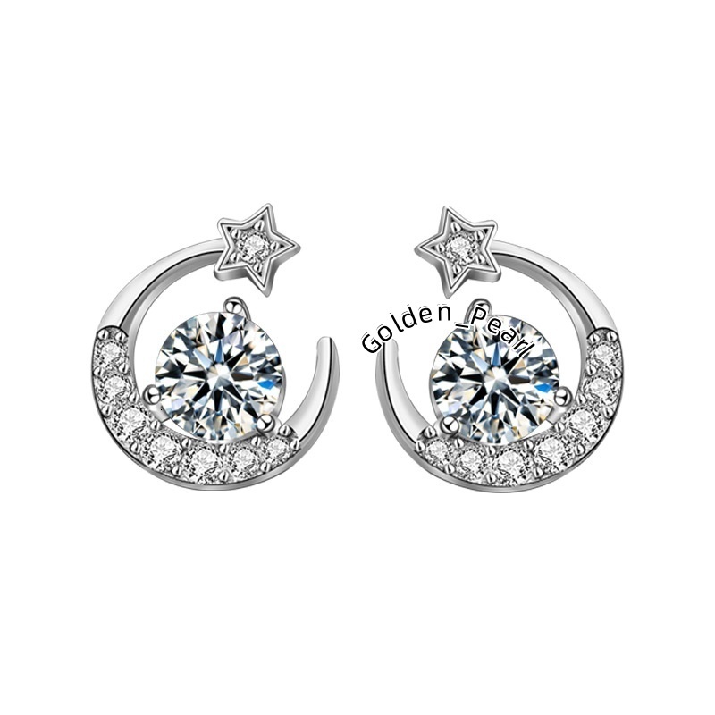 Delicate Summer Ear Jewelry Moissanite 925 Sterling Silver Star Moon Earrings Ear Studs with Needle Design