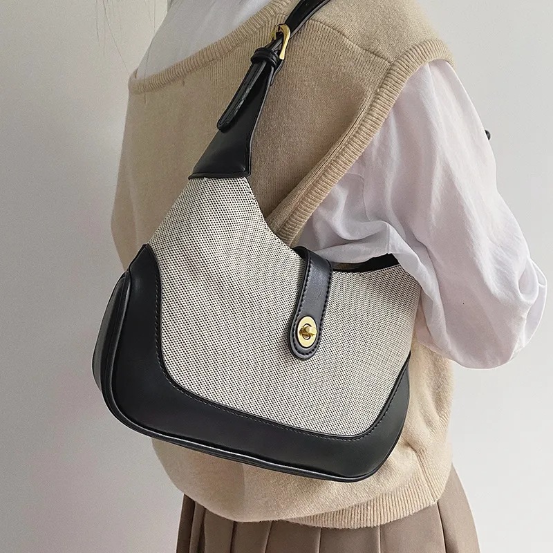designer Cross-Border Direct Hot Sale Japan Rakuten Retro Canvas Patchwork Single Shoulder Underarm Bag Color-Block Handbag Baguette Bag