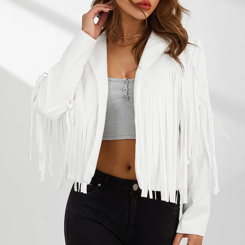 Women Spring Autumn Slim Long Sleeve Open Front Coat Solid Color Collared Jacket with Tassels Black Coffee Pink 250530