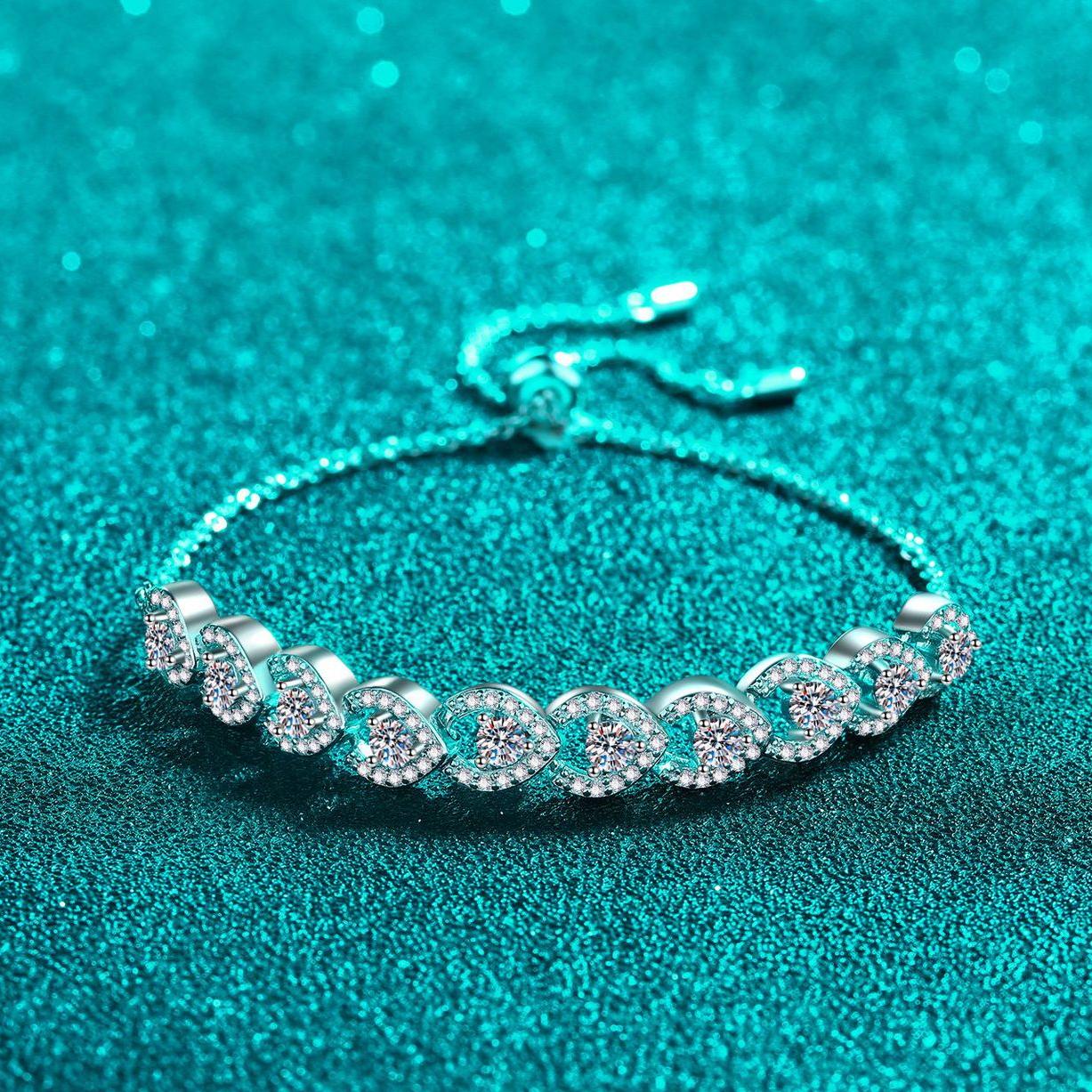 925 Sterling Silver Adjustable Heart Design Bracelet, Platinum Plated, Luxury CZ Crystal, Dainty and Elegant Jewelry for Women