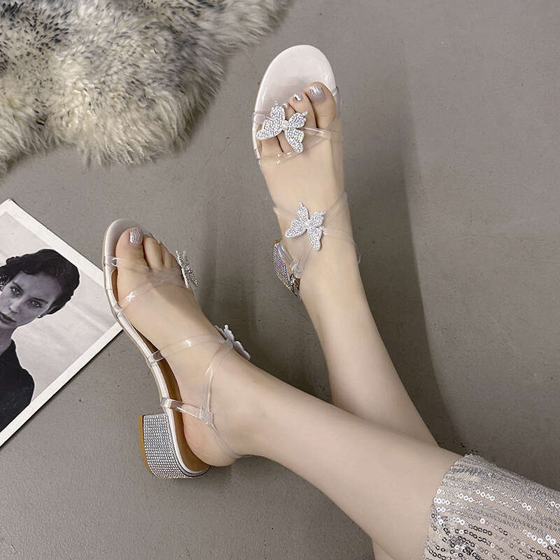 High Heels 2025 Summer New Fairy Style Rhinestone Bow Round Open Toe Chunky Heel Versatile Sandals for Women