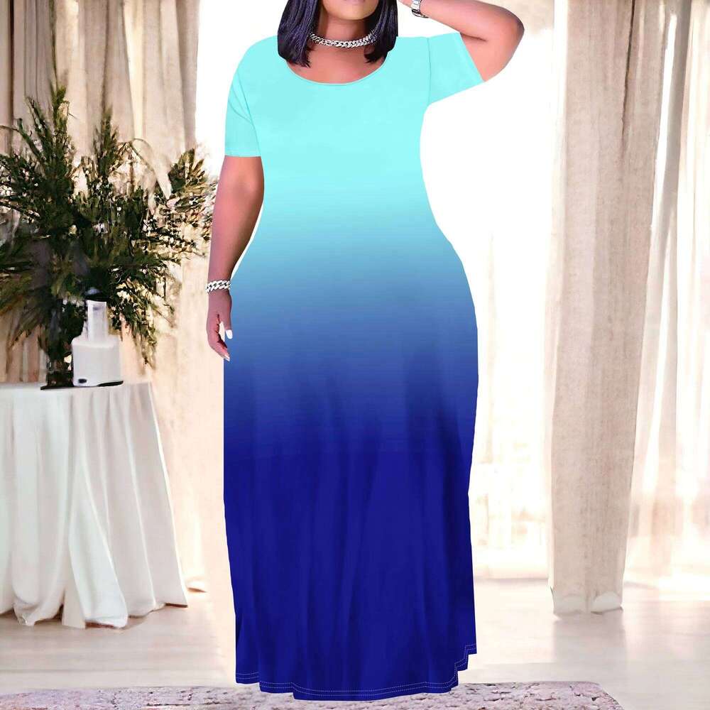 Women's Plus Size Gradient Color Maxi Dresses Short Sleeve Sundress Summer T-Shirt Beach Long Dress with Pockets High quality, fashionable, luxur