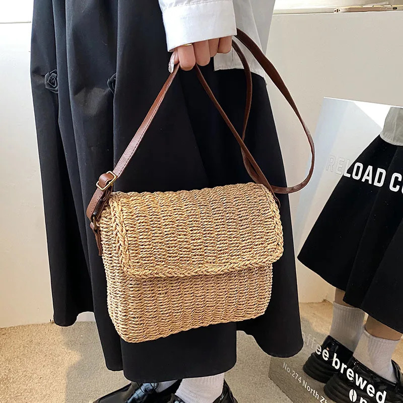 Small Straw Bucket Crossbody bag For Female Summer Straw Weave Womens Handbags Purses Fashion Simple Shoulder Bags 250530