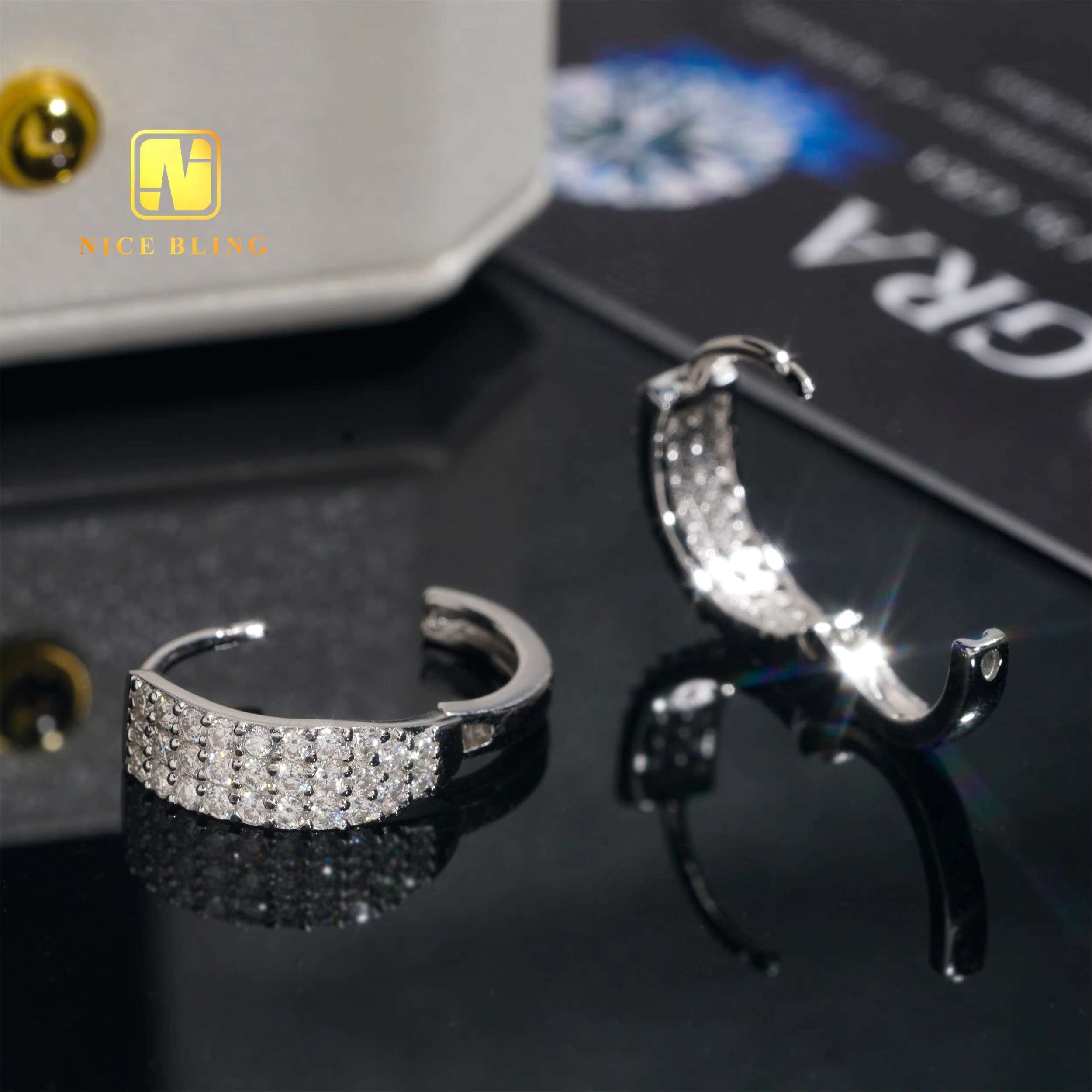 18K Gold Plated Moissanite Earrings Hip Hop Fashion Jewelry 925 Silver 3 Rows Lab Diamond Hoop Earrings for Men Women