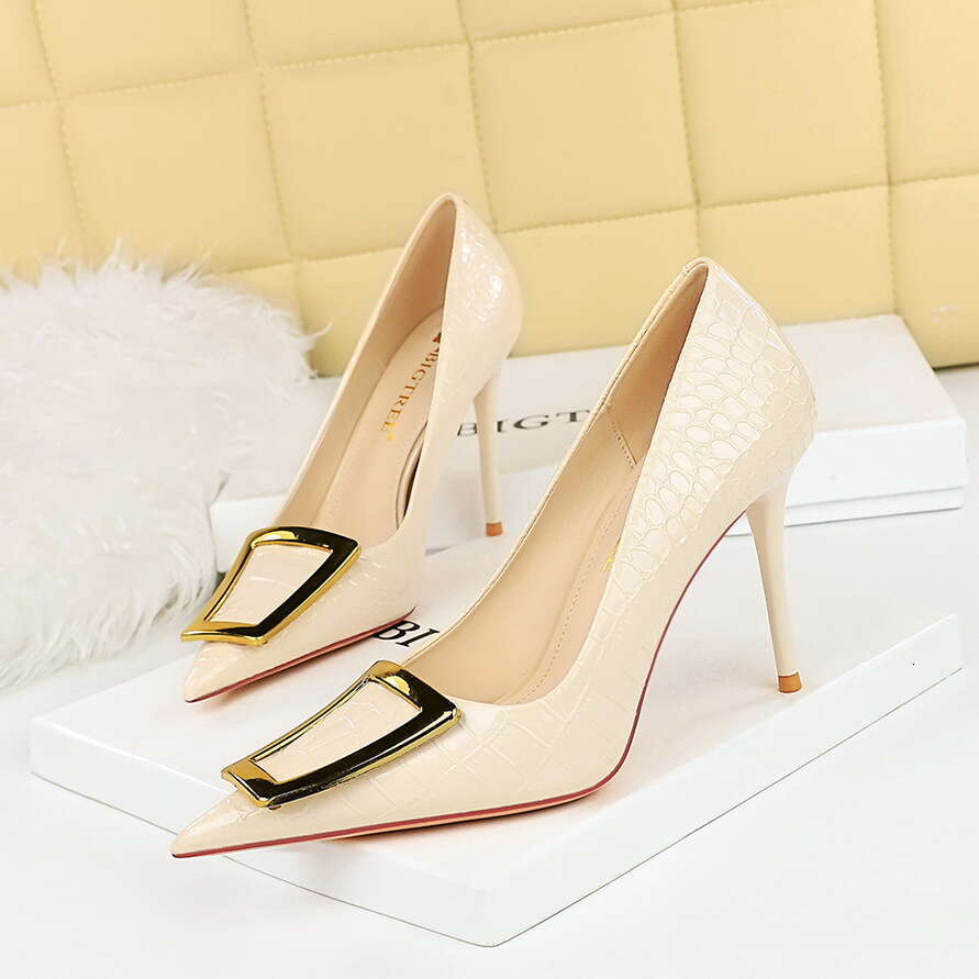 3391-26 Korean Style Fashion Elegant Slimming Stiletto High Heels Shallow Mouth Pointed Toe Metal Buckle Single Shoes for Women