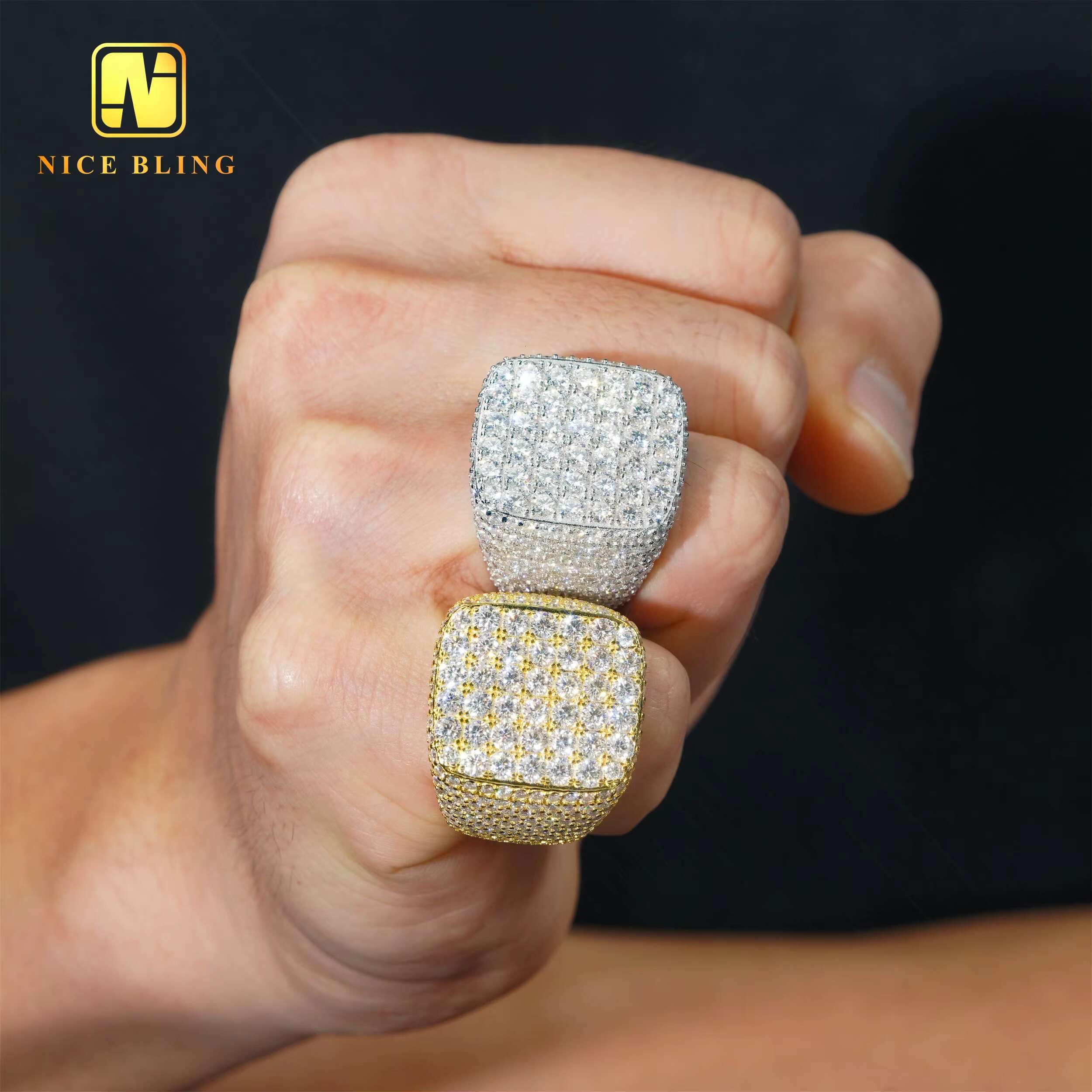 18K Gold Plated Full Iced Out Mens Rings Hip Hop Fashion Jewelry 925 Silver Moissanite square Shape Rings for Engagement