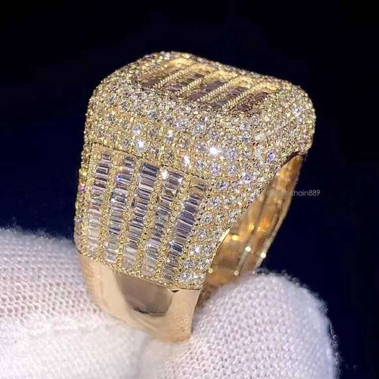 Hip Hop Moissanite Men's Custom Ring Sterling Sier Square Shape Cuban Link Band Adjustable Size VVS Dia Jewelry