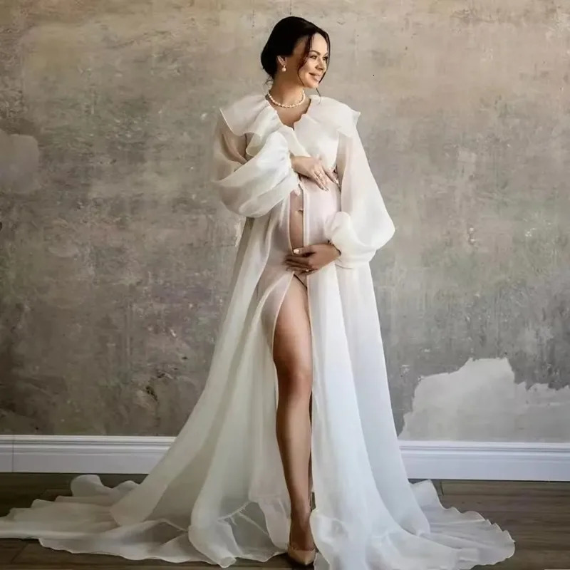 Boho Maternity Po Shoot Chiffon Dress Ruffle Neck Lantern Sleeve With Tie Cord Pregnancy Robe For Baby Shower 250530