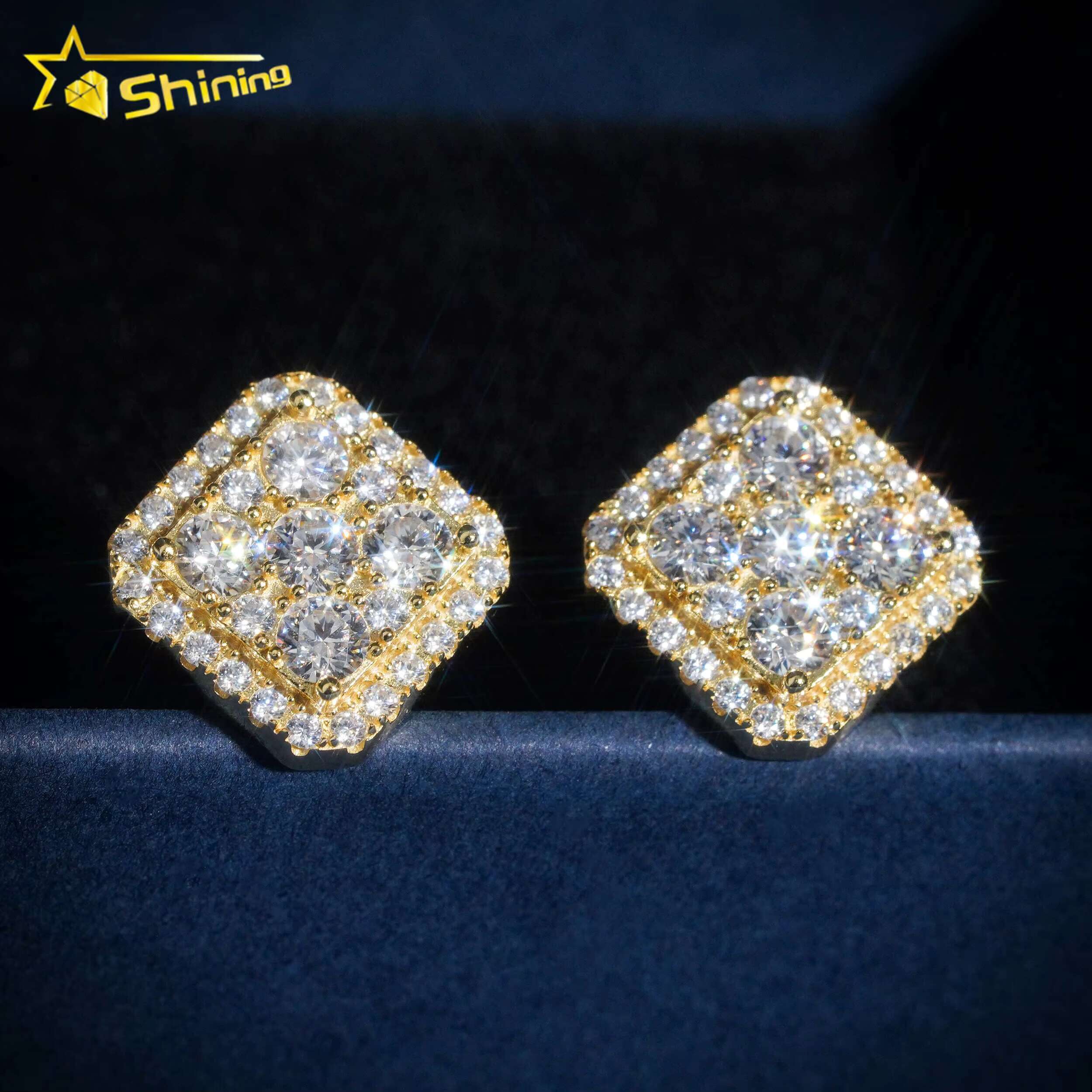 Luxury Hip Hop Jewelry Iced Out 10k Solid Gold Screw Back Lab Grown Diamond Moissanite Square Earrings