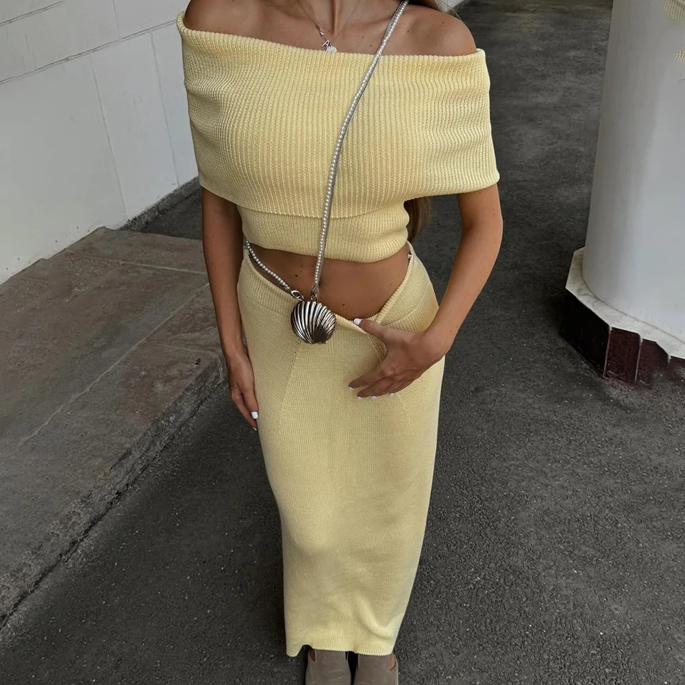 Tuularose Knitted Skirt Two-piece Set Womens Summer One Shoulder Sleeveless Top High Waist Slit Skirt Set Casual Lady Skirt Set 250530