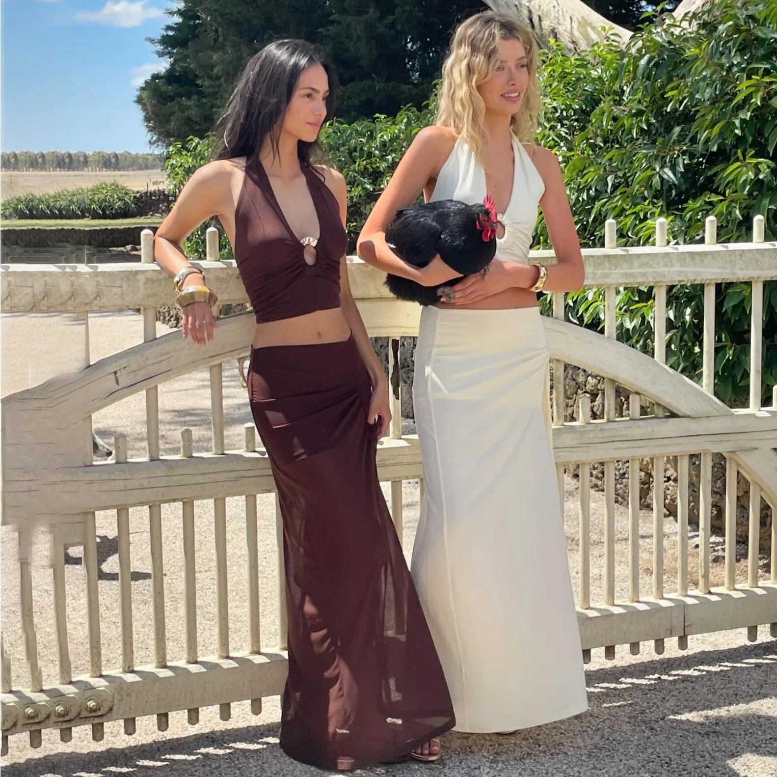 2Pcs Deep V Swimsuit With Long Skirt Women Sexy Swimwear Female Bikini Cut Out Biquini Swim Suit Shiny Button Bodysuit Beachwear 250530