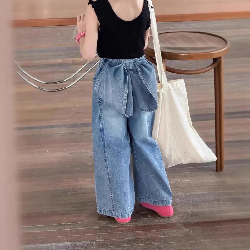 Summer Baby Girls Stylish Pants with Korean Bow Fashionable Wide Leg Straight Leg Jeans 250527