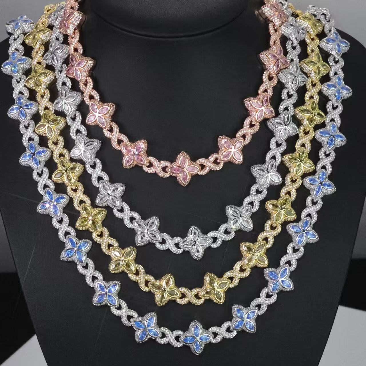 Fashion Hip Hop Jewelry Gold Plated 925 Sterling Silver Colored Moissanite Diamond Four Leaf Clover Necklace Cuban Link Chain
