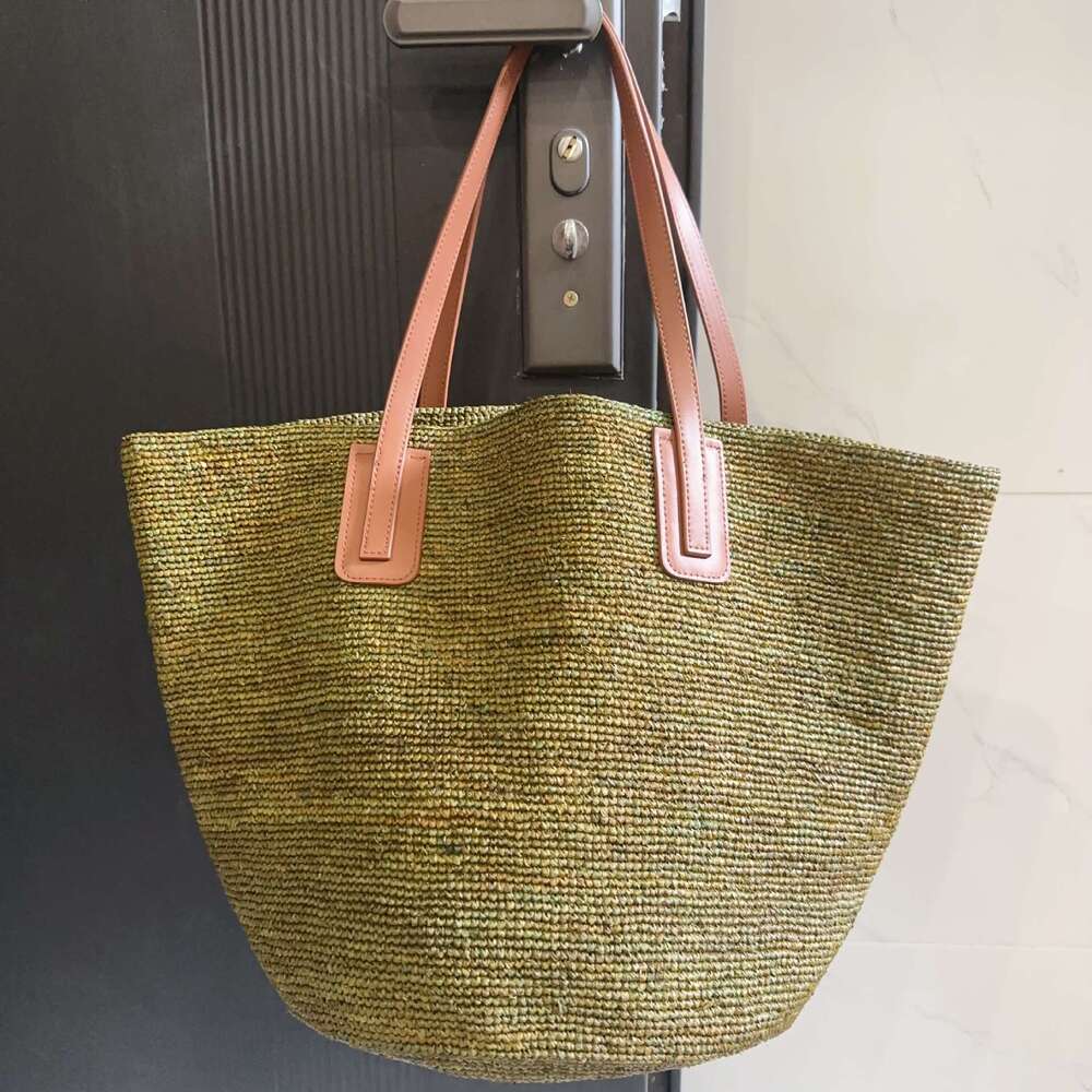 Straw Beach Tote French Style Simple Genuine Leather Shoulder Strap Raffia Woven For Women Beach Vacation Large Capacity Tote Bag Crossbody Bag