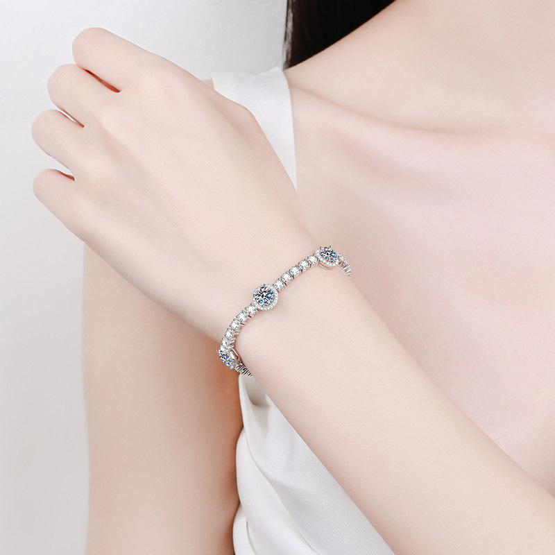 925 Sterling Silver Moissanite Bracelet for Women, Platinum Plated, Adjustable Clasp, Sparkling CZ Crystal, Elegant Luxury Jewelry