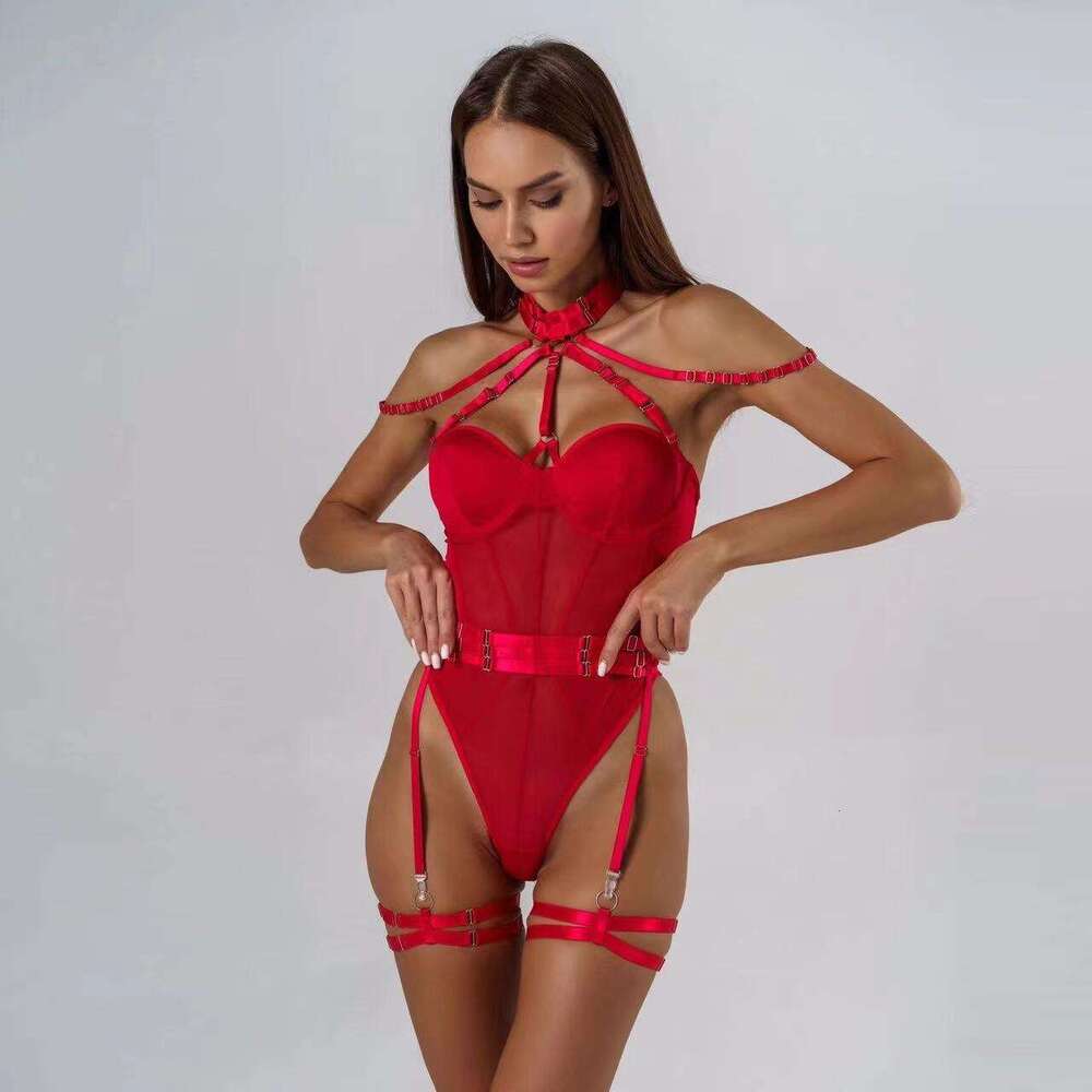 Spell Lingerie Porn Suits INS Style Sexy Mesh See Through Cross Strap Halter Neck Leg Ring Erotic Tight Bodysuit Sexy Lingerie