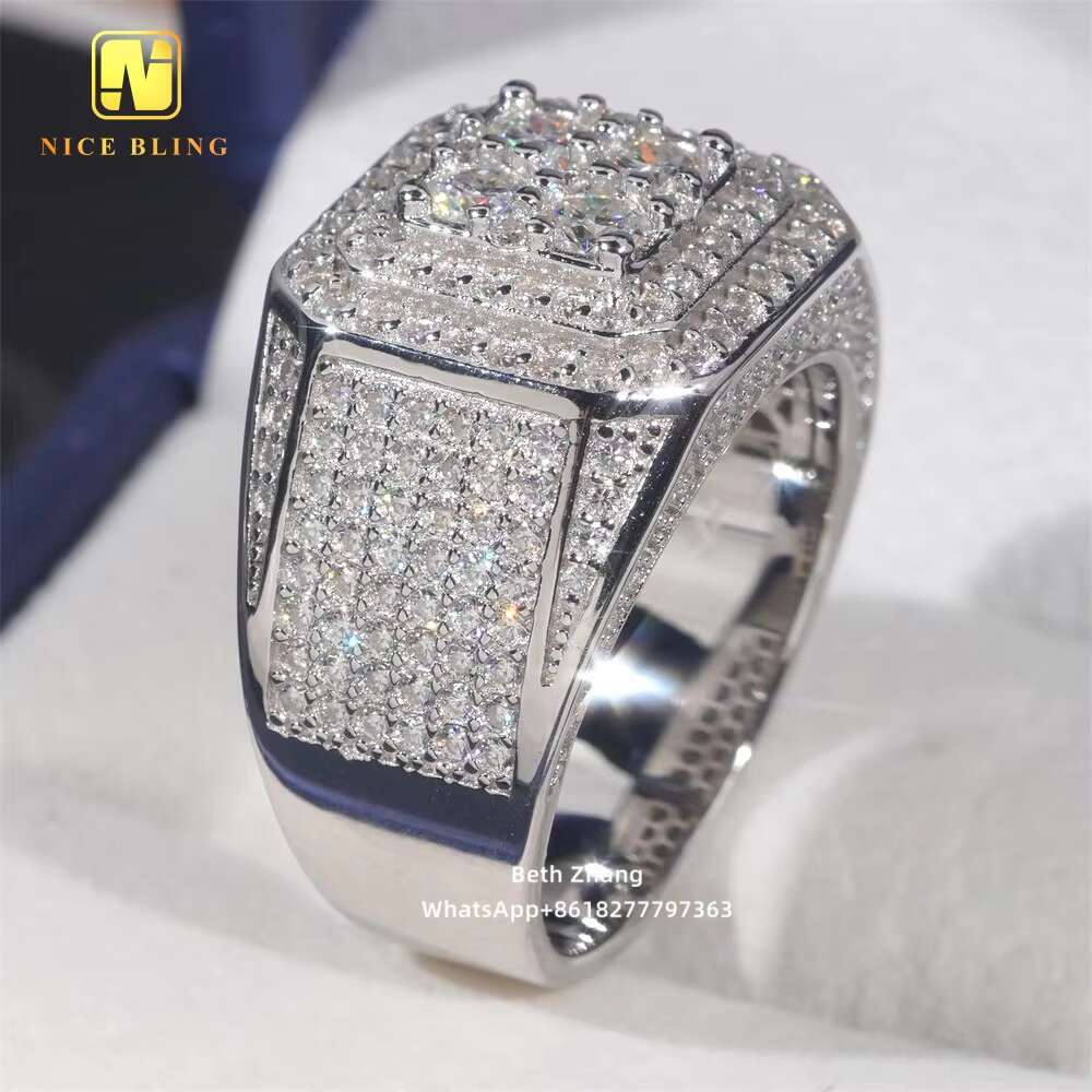 Half Iced Out Jewelry Hip Moissanite Diamond Ring 925 Sterling Silver Square Shape Men Engagement Ring for Wedding Party