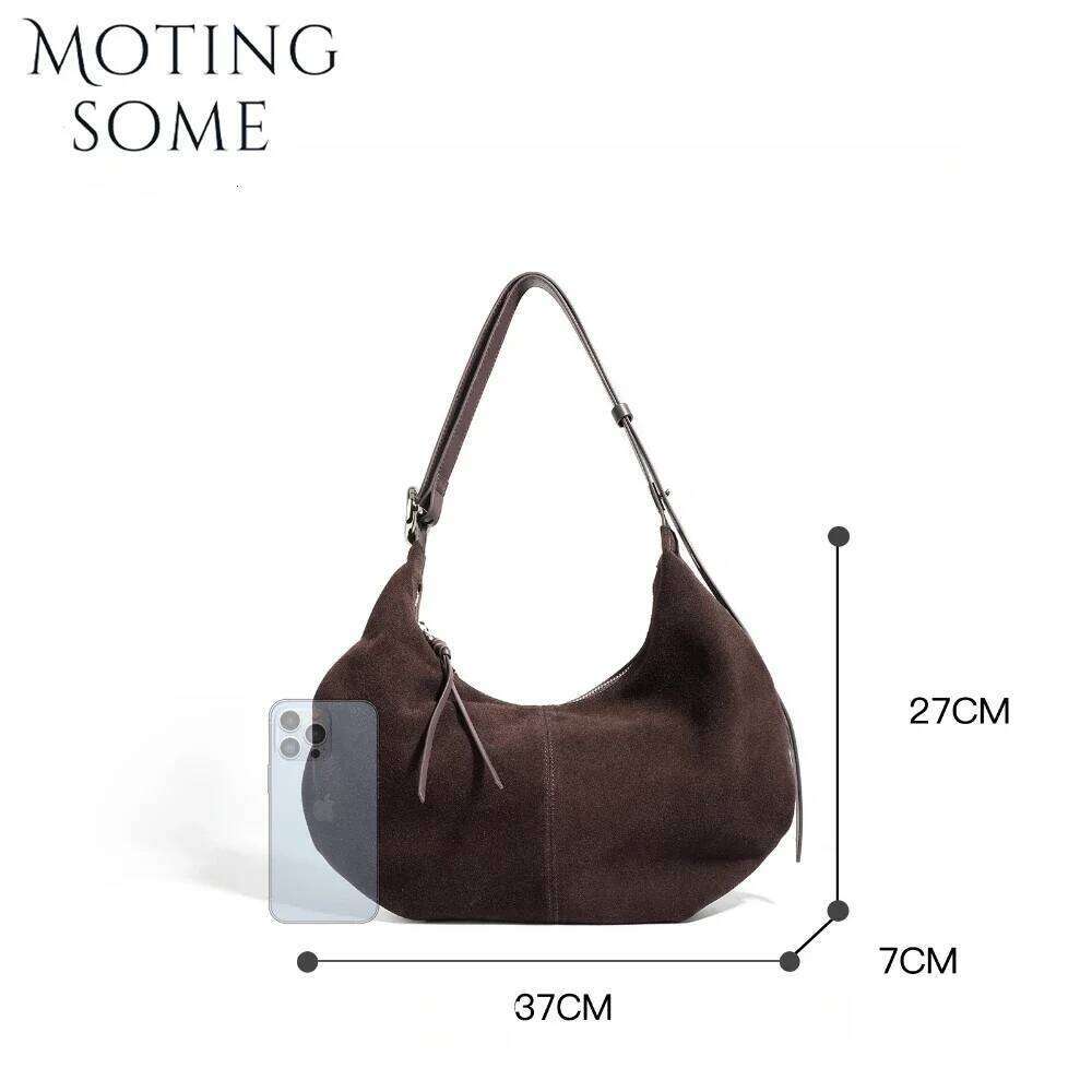 Motingsome Suede Genuine Leather Women Hobos Bags Retro Large-Capacity Bag Lady 2025 New Dumpling Purse Niche Messenger Tote 250601