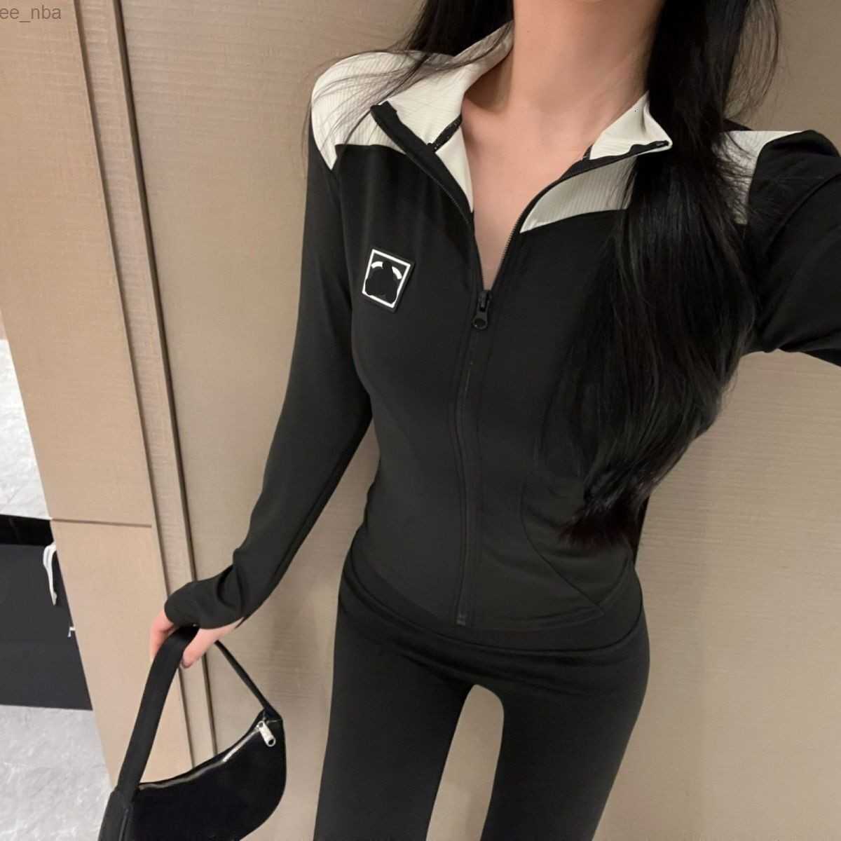 Women turn down collar color block print designer zipper fly cardigan coat and leggings twinset sports yoga tunic tracksuit SMLXLXXL