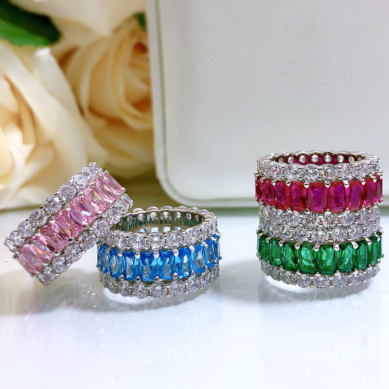 S925 sterling silver 3*5 colorful cubic zirconia imitation diamond sparkly gemstone mixed ring personalized fashionable cute wide-style band ring suit