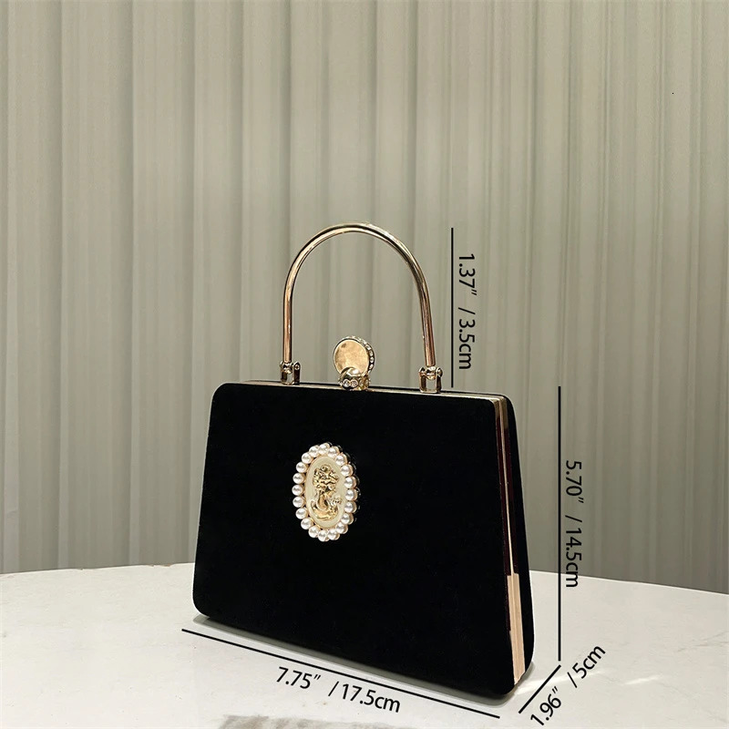 Retro Velvet Handbag French Style Ladies Evening Bag Vintage Pearl Decoration Black Square Bag Gold Metal Frame Bolso Mujer 250528
