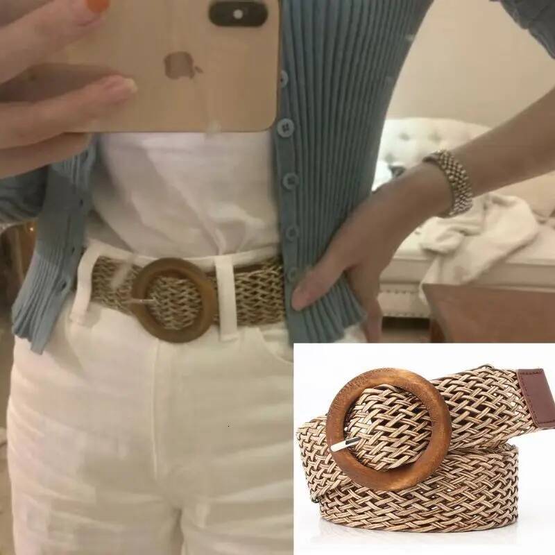 Fashion Women Fake Straw Belt High Quality Wooden Buckle Belts Summer Casual Cloth Waistbelt Lady Waistband