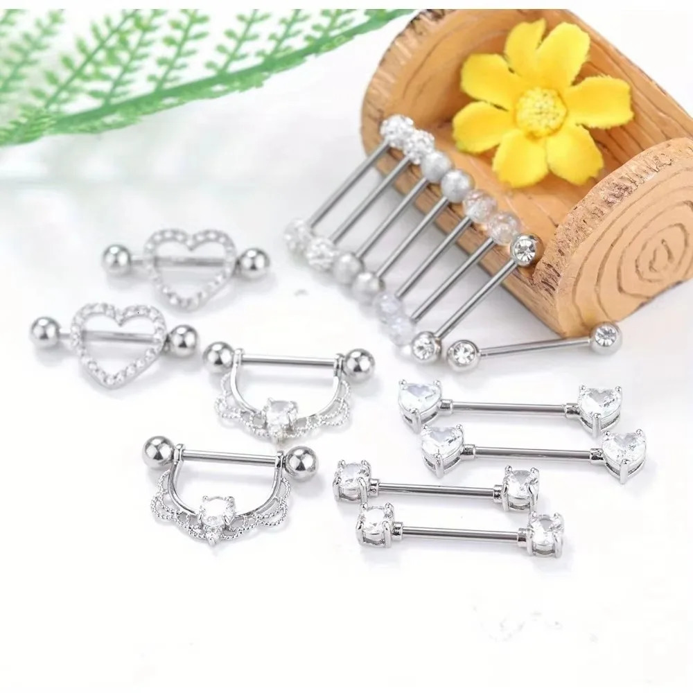 Bobisty 1pc 14G Nipple Rings 316L Steel Heart CZ Tongue Barbell Body Piercing Ring 250526