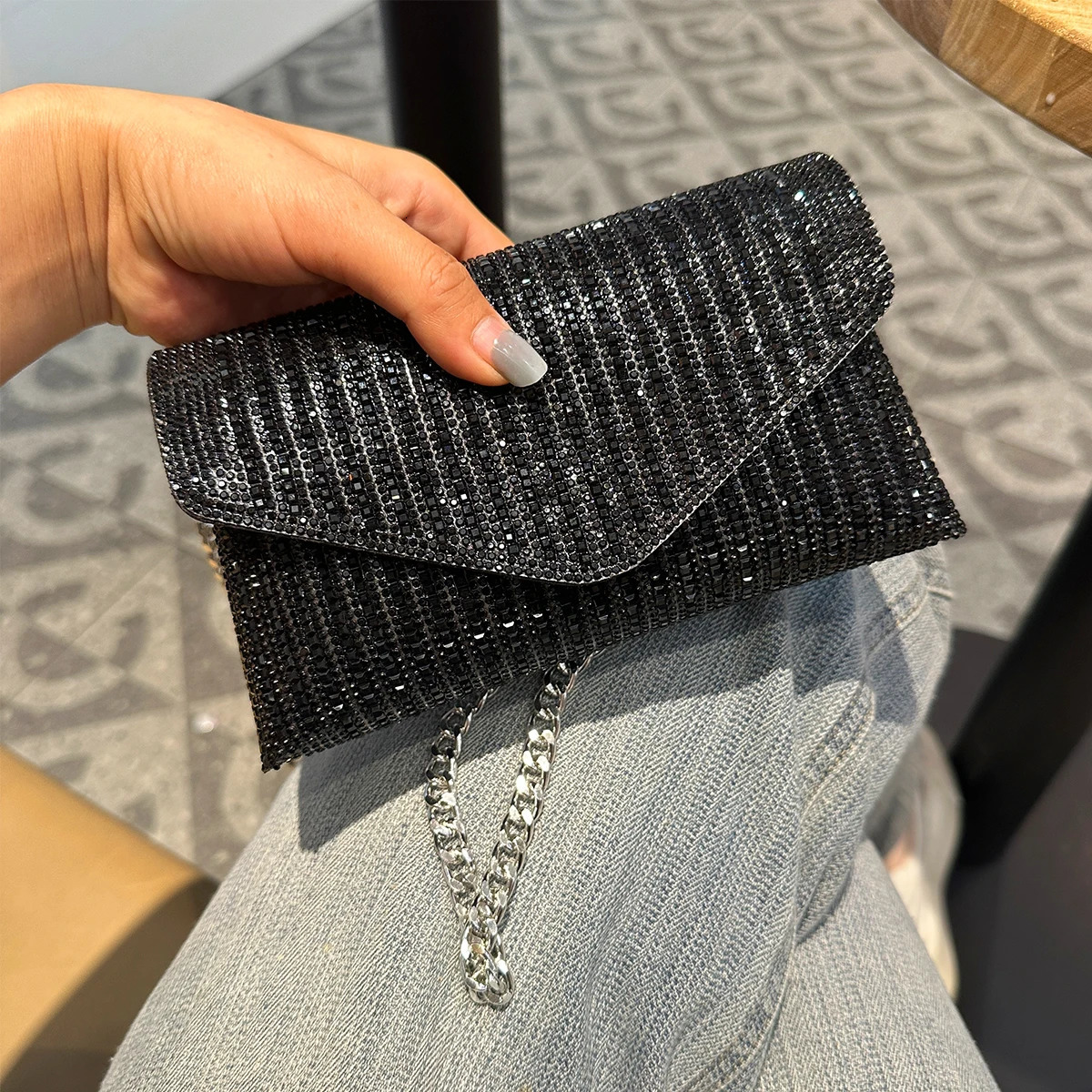 JIOMAY Rhinestones Bag for Women Mini Purses and Handbags Clutch Wallets Ladies PU Leather Chain Party Evening Shoulder Bag 250528