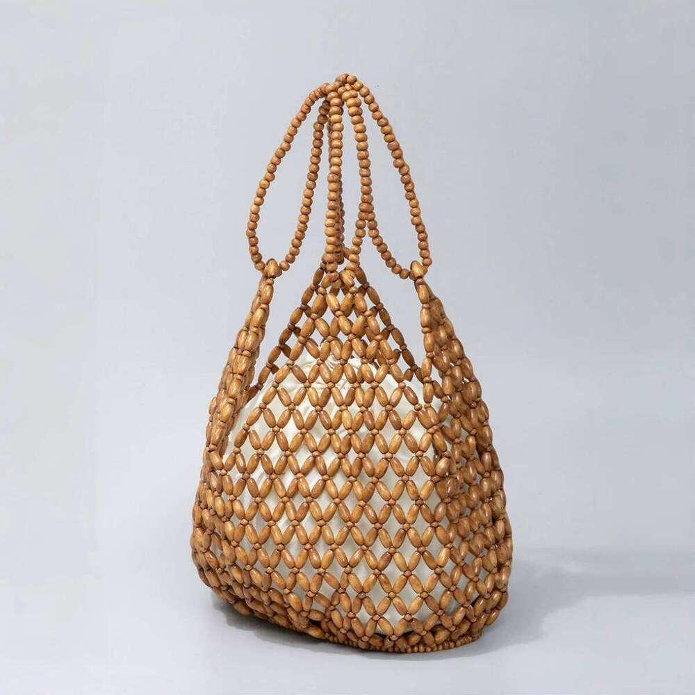 Large Capacity Wooden Bead Handbag Women Handwoven Tote Purse Bohemian Shoulder Fashion Beach Travel Bag Stylish Casual