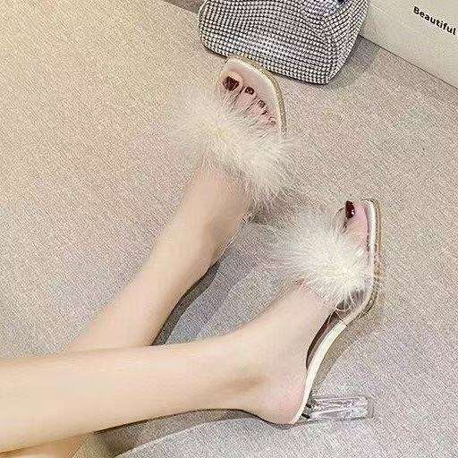 Fairy Style Outdoor Furry Sandals for Women Summer 2025 New One-Strap Crystal Chunky Heel French High Heels 2060-8