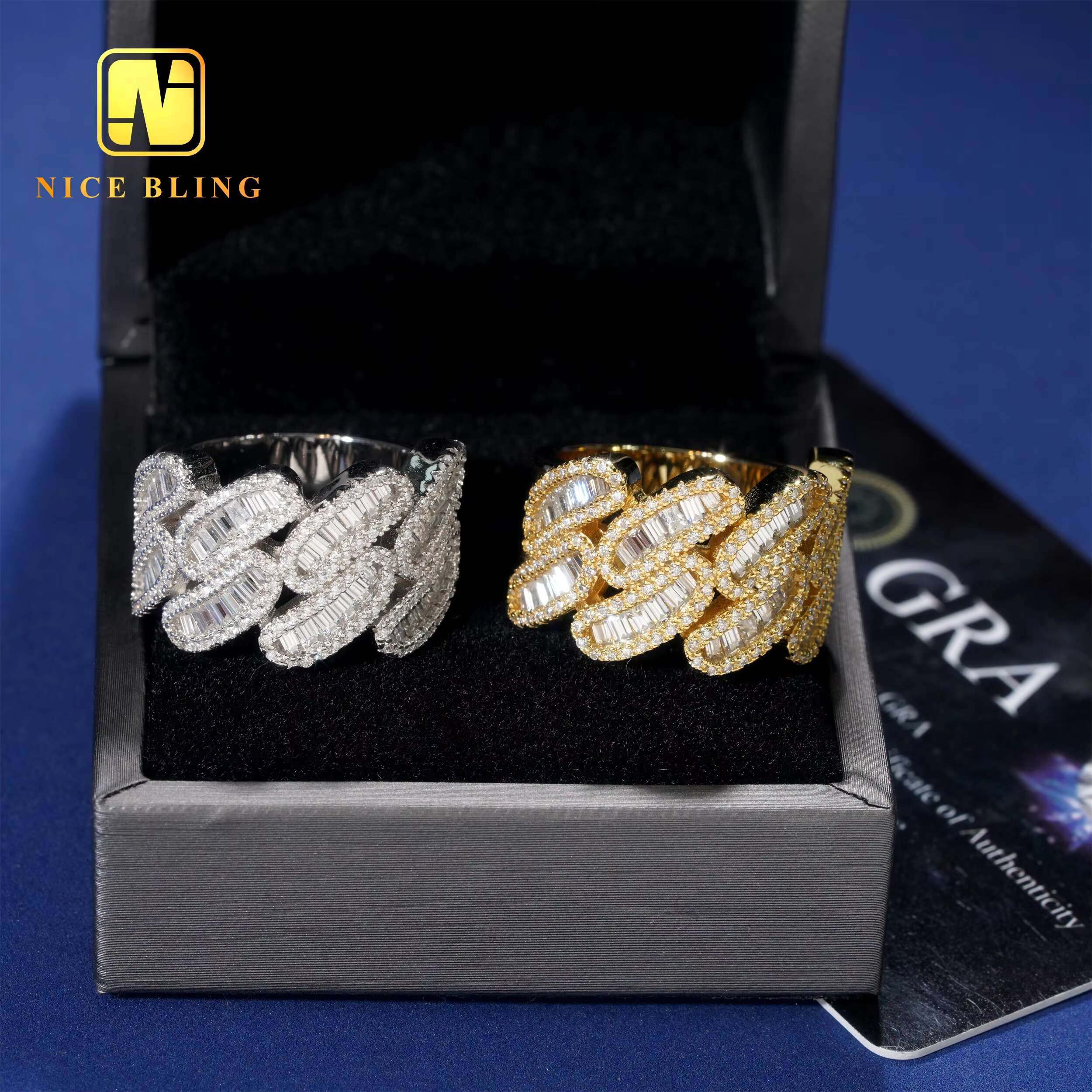 Fashion Iced Out Cuban Rings 925 Silver Hip Hop Jewelry Men baguette Moissanite Diamond Engagement Rings