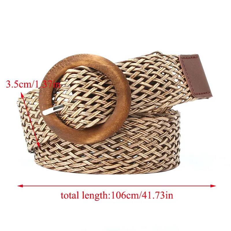 Fashion Women Fake Straw Belt High Quality Wooden Buckle Belts Summer Casual Cloth Waistbelt Lady Waistband