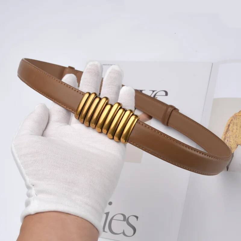 2.4cm Genuine Leather Designer Women Dress Cowhide Knot Belt Gold Alloy Buckle Waistband Jeans Female Gift