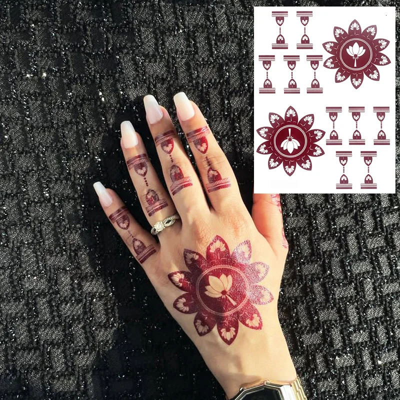 Maroon Henna Tattoo Stickers for Hand and Body Flower Temporary Tattoos for Women FakeTattoo for Wedding Festival 250530