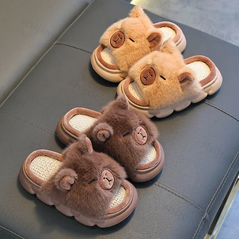 Capybara Slippers Childrens Sandals 2025 Summer Anti-slip Cartoon Slippers Linen Floor Shoes Indoor Breathable Home Slippers 250526