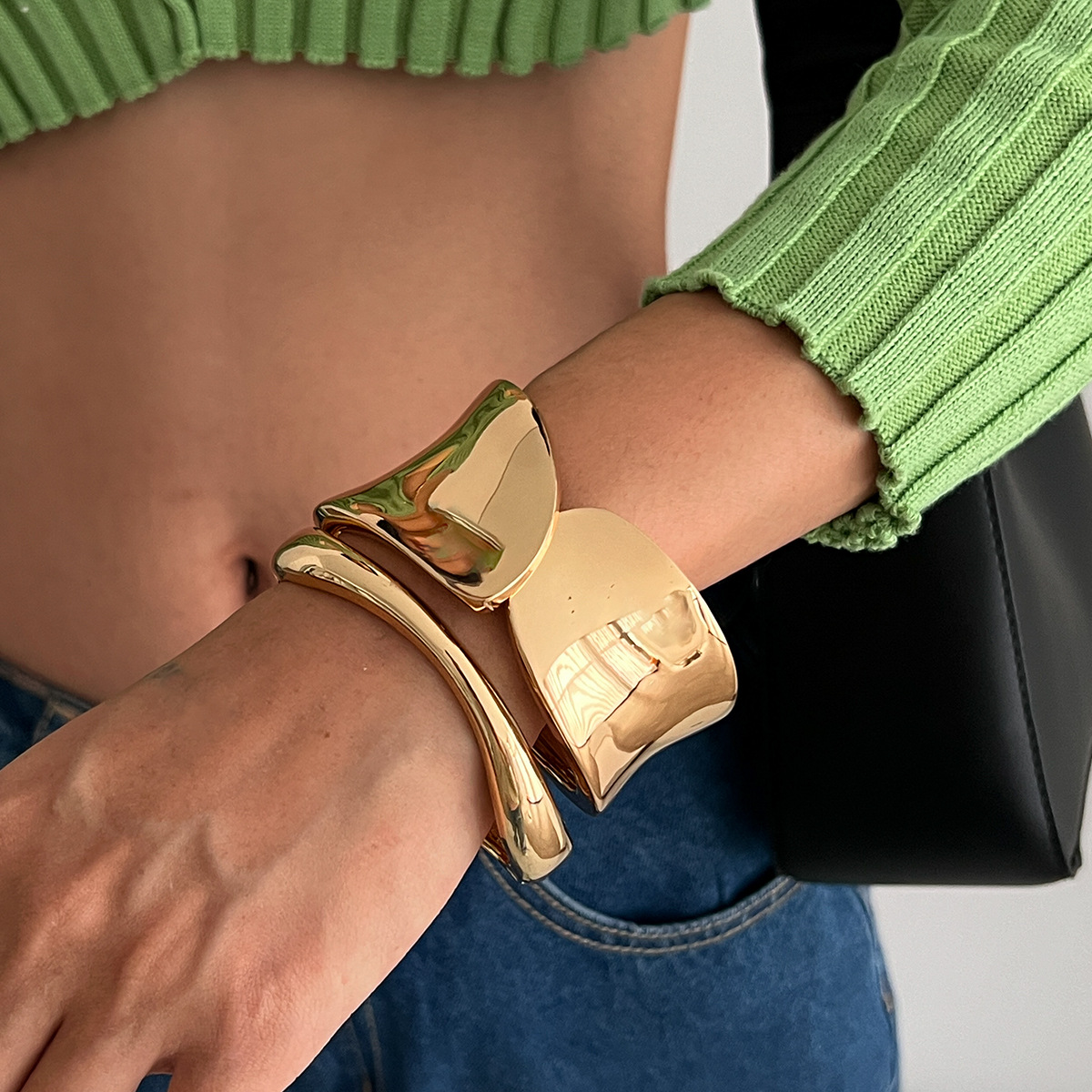 Women Edgy Punk Inspired Chunky Concave Glossy Open Cuff Bracelet Trendy Minimalist Statement Bangle