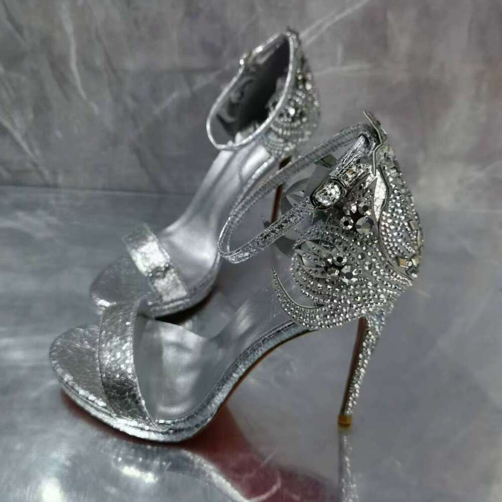 French Style Rhinestone High Heels Women Thin Heel Silver Sexy Open Toe Buckle Crystal Sandals Summer