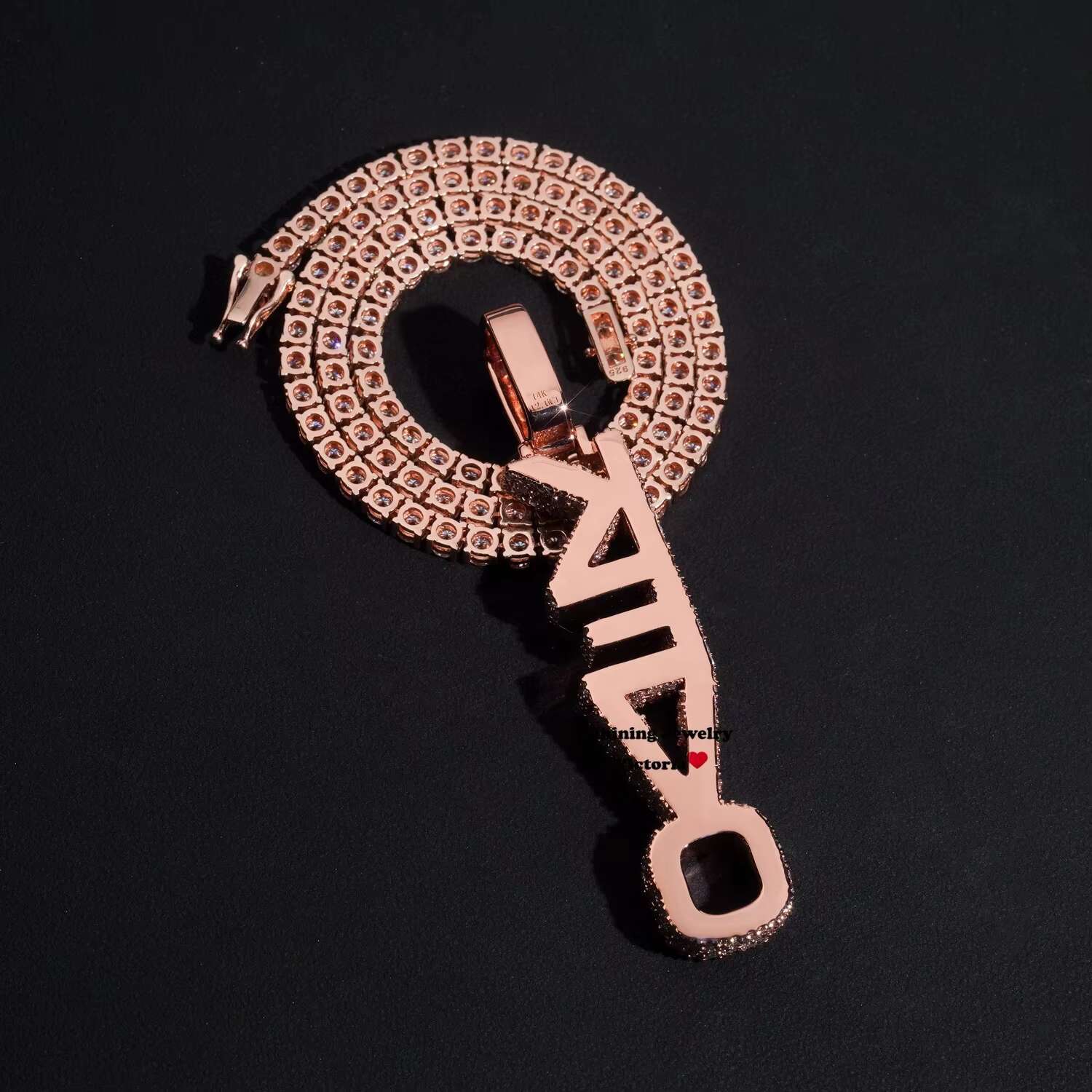 Custom Made 4 Letters Mosaic Setting Rose Gold Plated Moissanite Vertical Name Pendant With Tennis Chain 4MM