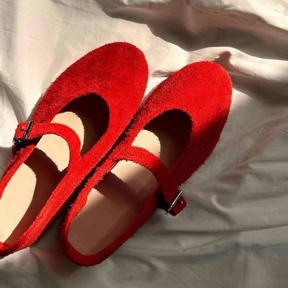 ~Cowhide Velvet Mary Jane Ballet for Women, Flat Shallow Mouth Single Shoes, Red Bowknot Furry Shoes