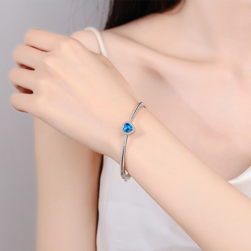 Blue Moissanite Heart Bracelet for Women 925 Sterling Silver PT950 Platinum Plated Bangle Sweet Minimalist Jewelry Gift
