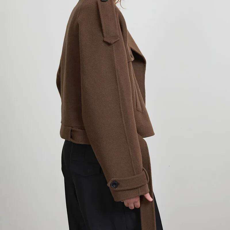 Autumn Brown Retro Turn-down Collar Casual Jacket New Fashion Slim Fit Woolen Coat High Street Lady Outerwear