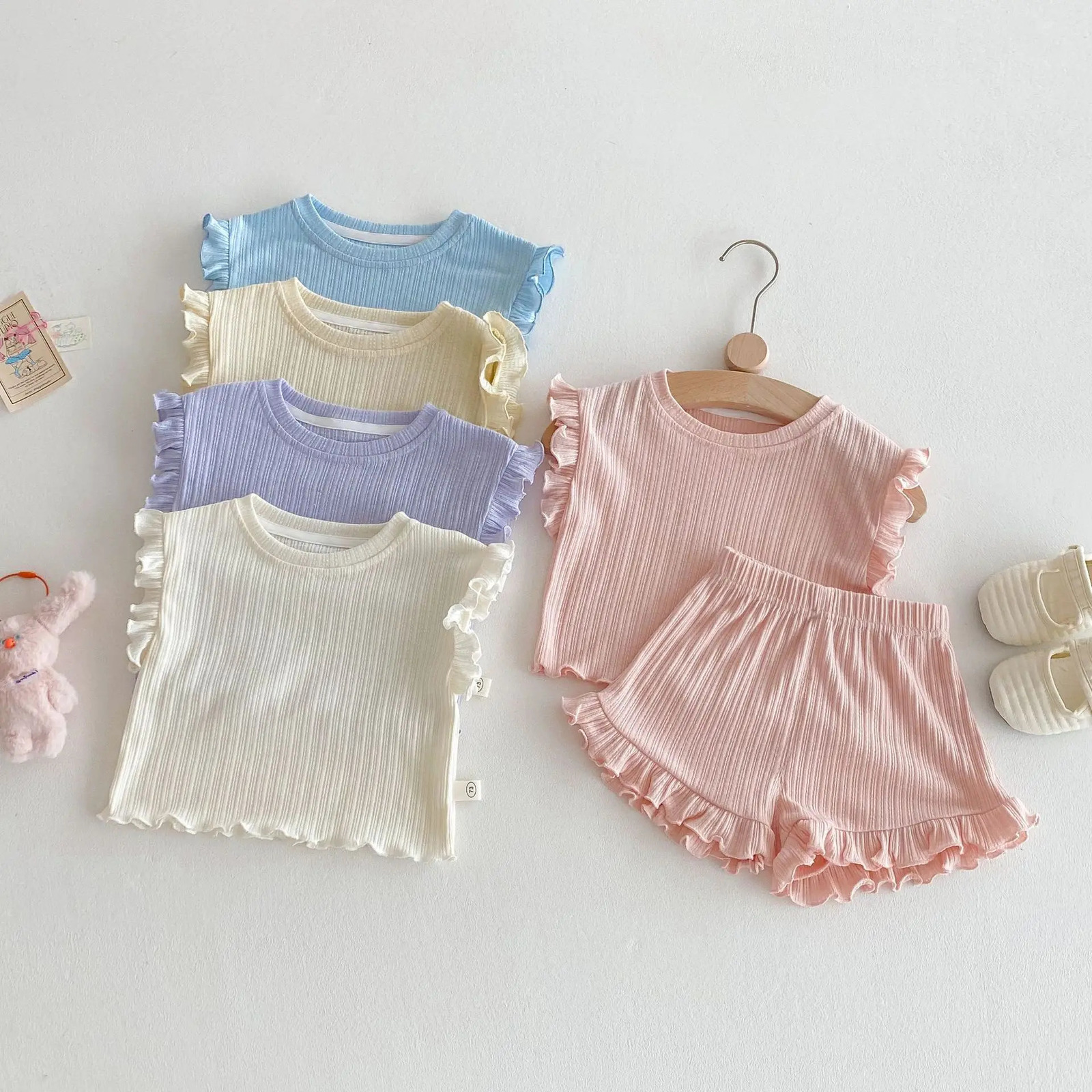 Girls Sleeveless Tees Sets Kids Solid Color Ruffled Vest Shorts 2pcs Suit Summer Baby Outfits Childrens Clothing 250527