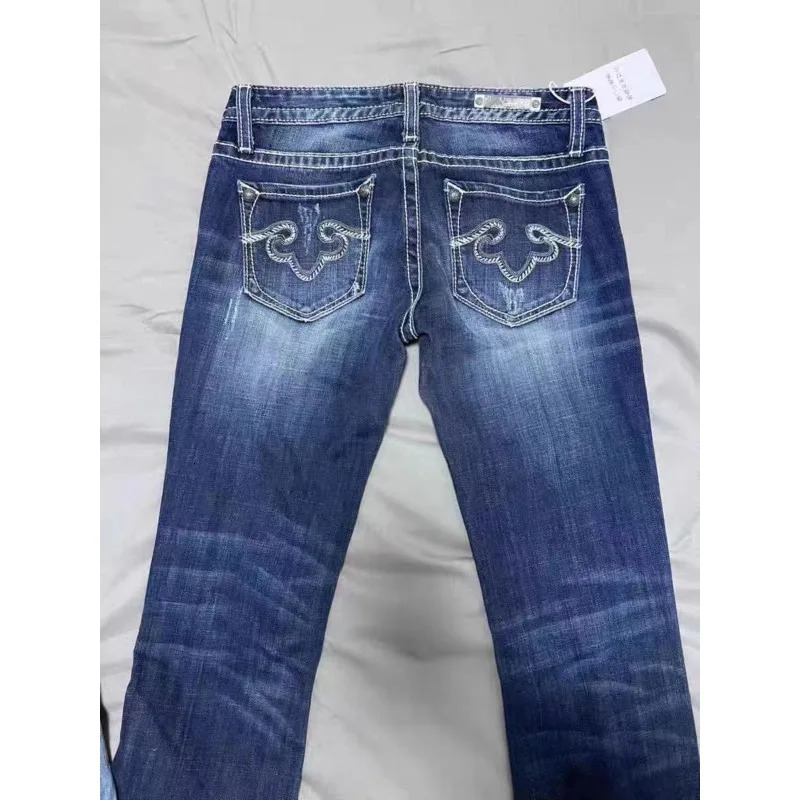 Blue Low Rise Flare Jeans Vintage 2000s Slim-fitting Denim Pants Korean Style Women Trousers y 2 k Distressed Mom 90s 250527