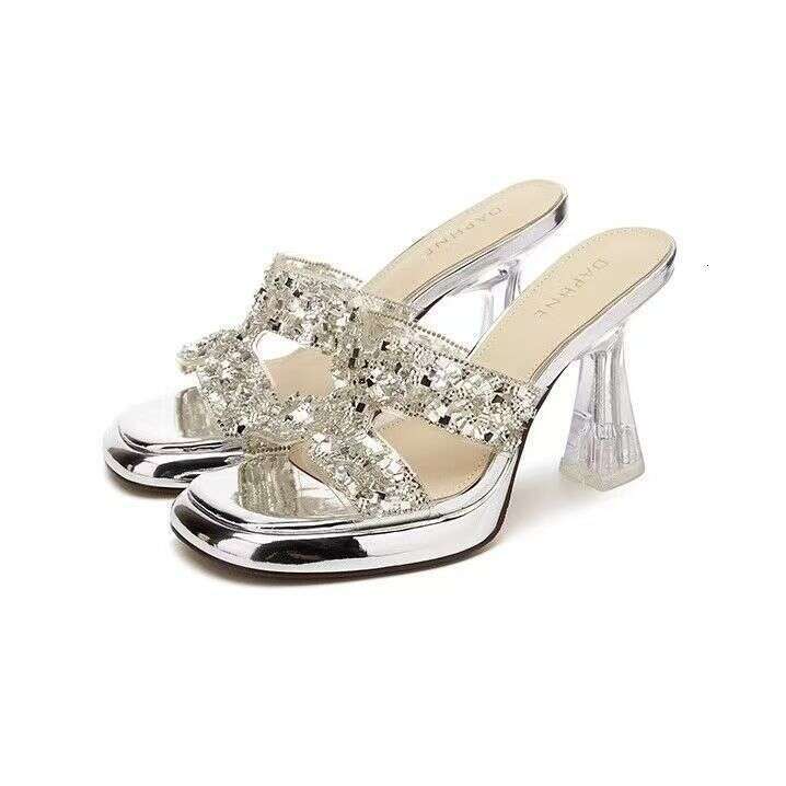2025 Fashionable Elegant Stiletto High Heels for Women Summer Outdoor Silver Shiny Sandals Height Increasing Shoes